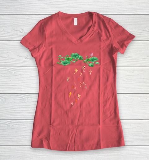 Watercolor Japanese Koi Fish Goldfish Lily Pad Lotus Leaf Beauty Women's V-Neck T-Shirt 4