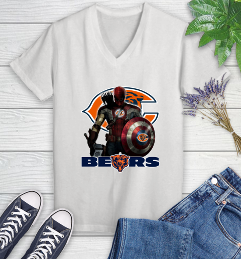 NFL Captain America Thor Spider Man Hawkeye Avengers Endgame Football Chicago Bears Women's V-Neck T-Shirt