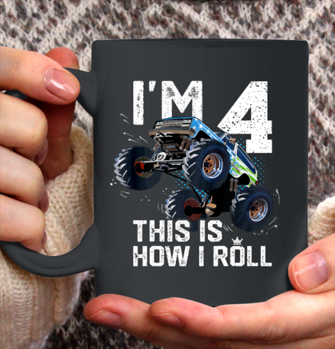 Kids I'm 4 This is How I Roll Monster Truck 4th Birthday Boy Gift 4 Year Old Ceramic Mug 11oz