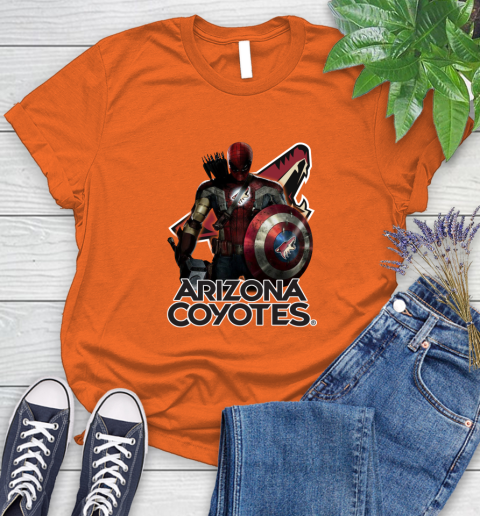 NHL Captain America Thor Spider Man Hawkeye Avengers Endgame Hockey Arizona Coyotes Women's T-Shirt 4