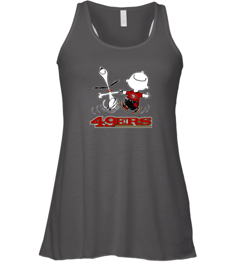 9ler snoopy and charlie brown happy san francisco 49ers fans flowy tank 32 front dark grey heather