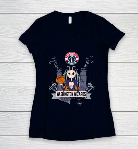 NBA Washington Wizards Basketball Jack Skellington Halloween Women's V-Neck T-Shirt 2