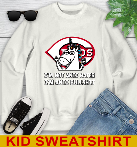Cincinnati Reds MLB Baseball Unicorn I'm Not Anti Hater I'm Anti Bullshit Youth Sweatshirt