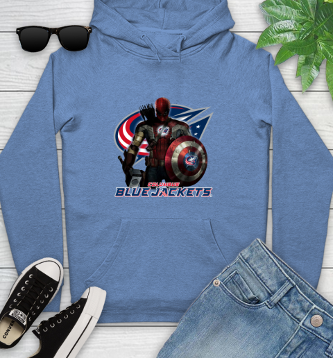 NHL Captain America Thor Spider Man Hawkeye Avengers Endgame Hockey Columbus Blue Jackets Youth Hoodie 12