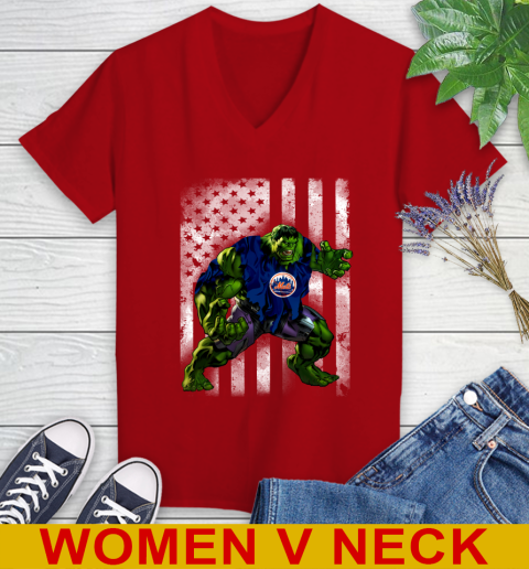 New York Mets Hulk Marvel Avengers MLB Baseball American Flag Women's V-Neck T-Shirt 10