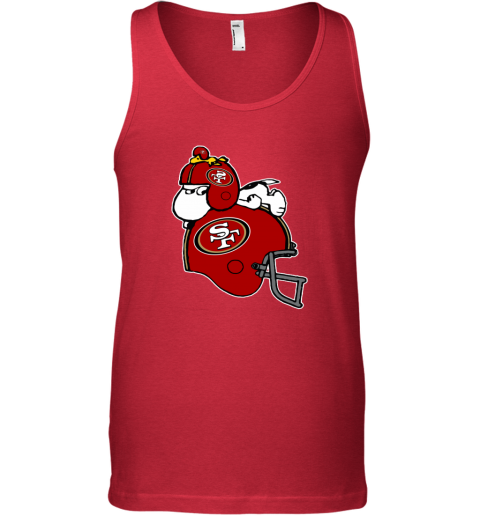 o1qj snoopy and woodstock resting on san francisco 49ers helmet unisex tank 17 front red