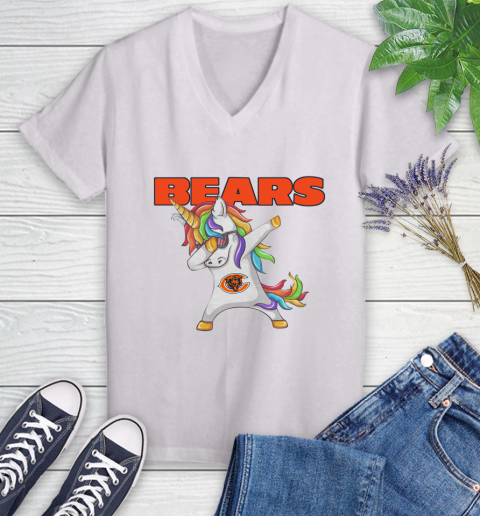 Chicago Bears NFL Football Funny Unicorn Dabbing Sports Women's V-Neck T-Shirt
