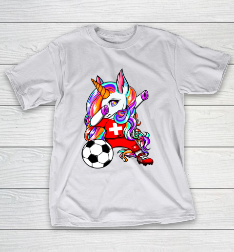 Dabbing Unicorn Switzerland Soccer Fans Jersey Flag Football T-Shirt 24