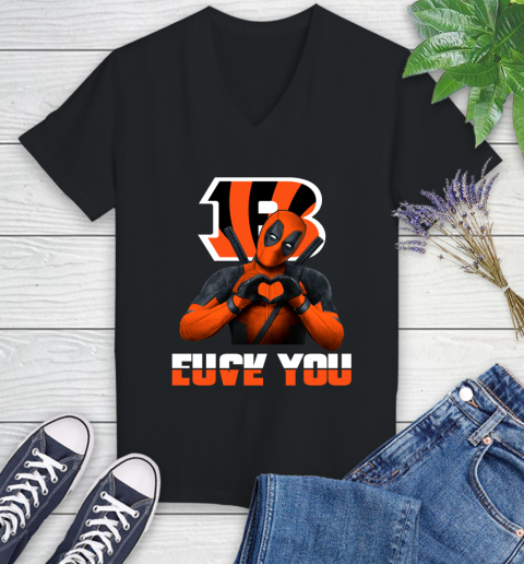 NHL Cincinnati Bengals Deadpool Love You Fuck You Football Sports Women's V-Neck T-Shirt