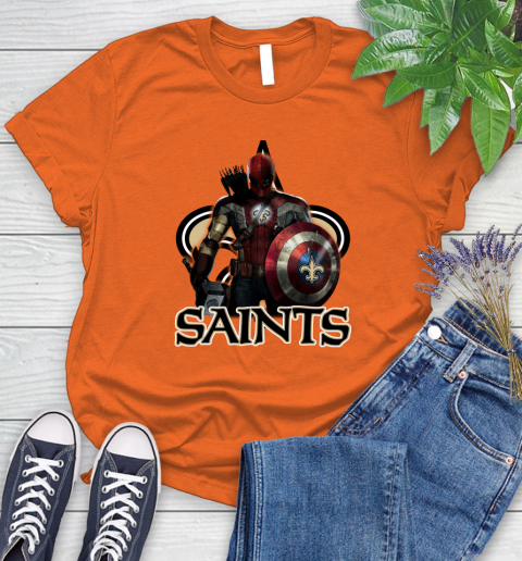 NFL Captain America Thor Spider Man Hawkeye Avengers Endgame Football New Orleans Saints Women's T-Shirt 4
