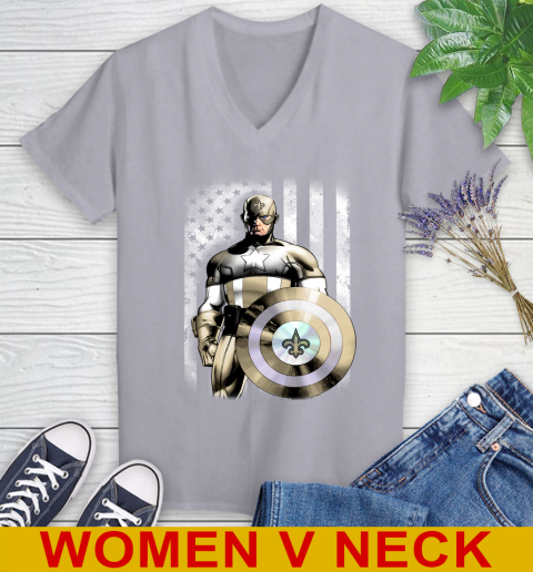 New Orleans Saints NFL Football Captain America Marvel Avengers American Flag Shirt Women's V-Neck T-Shirt 4