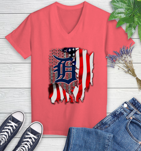 Detroit Tigers MLB Baseball American Flag Women's V-Neck T-Shirt 6
