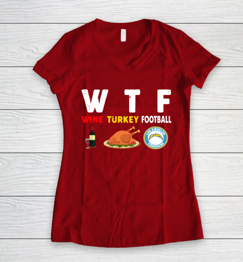 Los Angeles Chargers Giving Day WTF Wine Turkey Football NFL Women's V-Neck T-Shirt 8