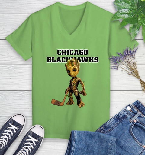 Chicago Blackhawks NHL Hockey Groot Marvel Guardians Of The Galaxy Women's V-Neck T-Shirt 11