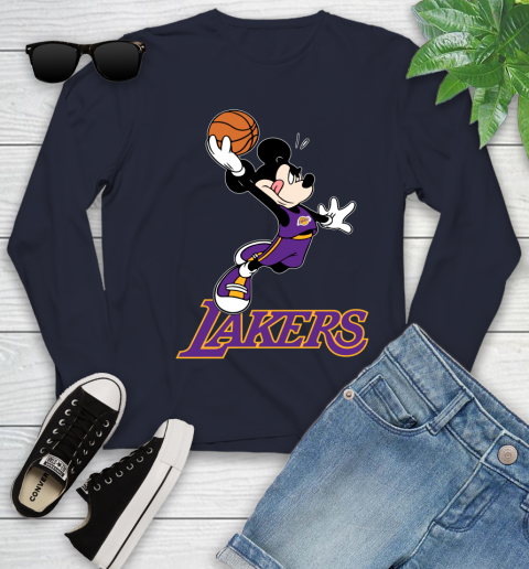 NBA Basketball Los Angeles Lakers Cheerful Mickey Mouse Shirt Youth Long Sleeve 3