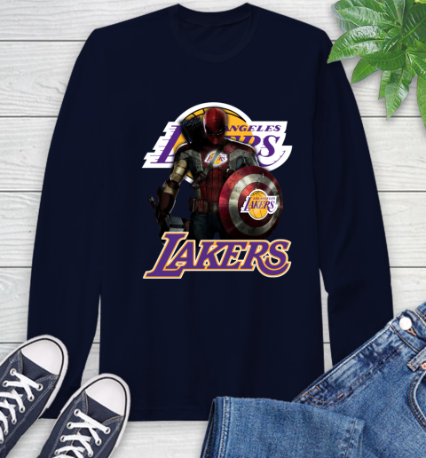 Los Angeles Lakers NBA Basketball Captain America Thor Spider Man Hawkeye Avengers Long Sleeve T-Shirt 4