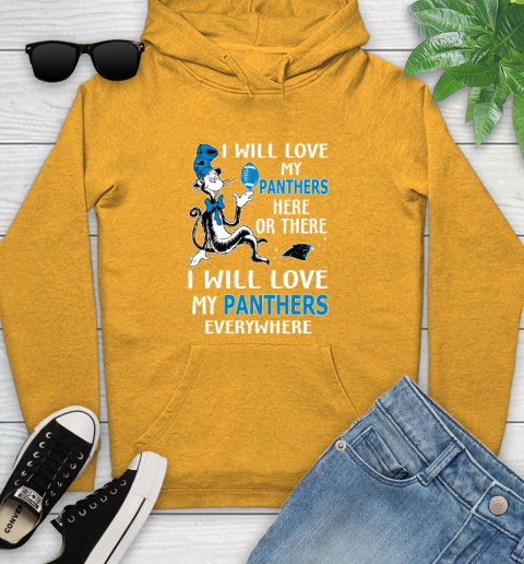 NFL Football Carolina Panthers I Will Love My Panthers Everywhere Dr Seuss Shirt Youth Hoodie 2