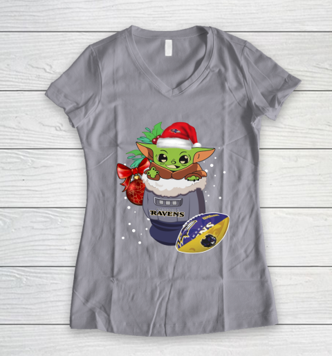 Baltimore Ravens Christmas Baby Yoda Star Wars Funny Happy NFL Women's V-Neck T-Shirt 4