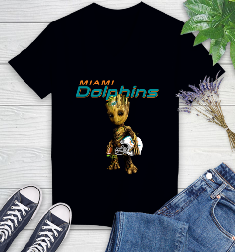 Miami Dolphins NFL Football Groot Marvel Guardians Of The Galaxy Women's V-Neck T-Shirt 2