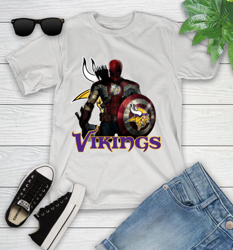 NFL Captain America Thor Spider Man Hawkeye Avengers Endgame Football Minnesota Vikings Youth T-Shirt