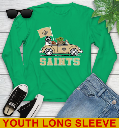 NFL Football New Orleans Saints Darth Vader Baby Yoda Driving Star Wars Shirt Youth Long Sleeve 7