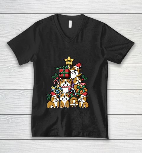 Christmas Tree English Bulldog Dog V-Neck T-Shirt
