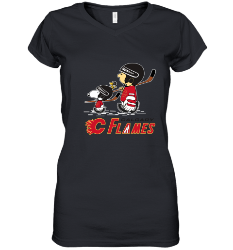 Let's Play Calgary Flames Ice Hockey Snoopy NHL Women's V-Neck T-Shirt