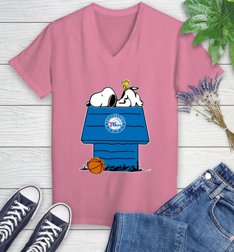 Philadelphia 76ers NBA Basketball Snoopy Woodstock The Peanuts Movie Women's V-Neck T-Shirt 13