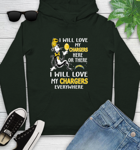 NFL Football Los Angeles Chargers I Will Love My Chargers Everywhere Dr Seuss Shirt Youth Hoodie 12