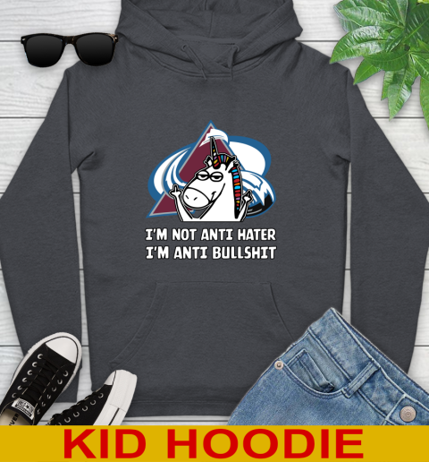 Colorado Avalanche NHL Hockey Unicorn I'm Not Anti Hater I'm Anti Bullshit Youth Hoodie 9