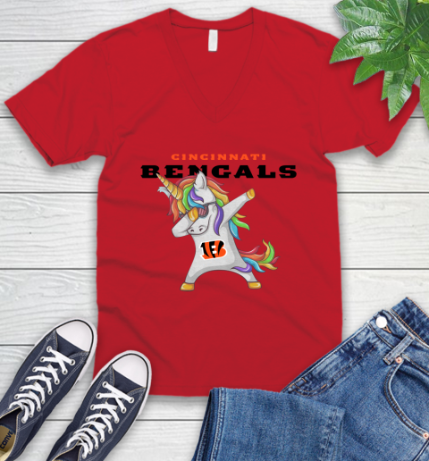 Cincinnati Bengals NFL Football Funny Unicorn Dabbing Sports V-Neck T-Shirt - Image 8