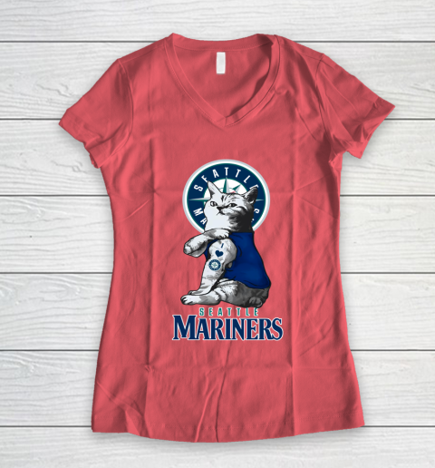 MLB Baseball My Cat Loves Seattle Mariners Women's V-Neck T-Shirt 4