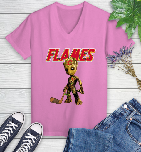 Calgary Flames NHL Hockey Groot Marvel Guardians Of The Galaxy Women's V-Neck T-Shirt 14