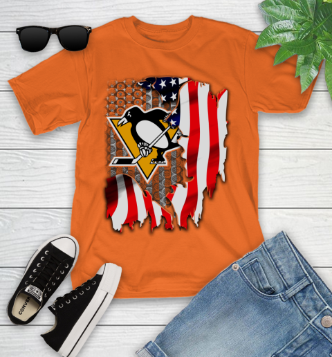 Pittsburgh Penguins NHL Hockey American Flag Youth T Shirt Tee For Sports