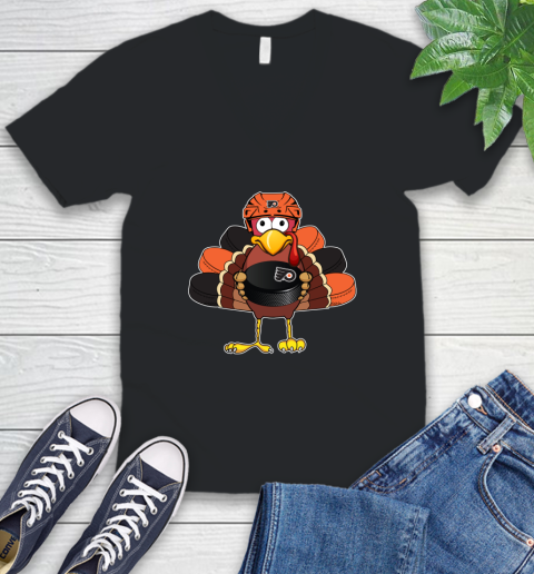 Philadelphia Flyers Turkey Thanksgiving Day V-Neck T-Shirt 2