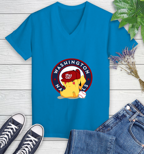 MLB Pikachu Baseball Sports Washington Nationals Women's V-Neck T-Shirt 7