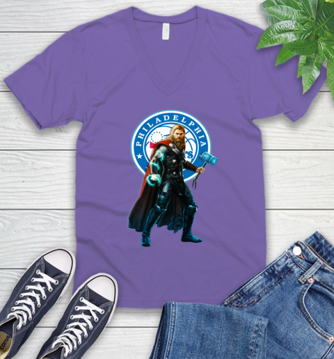 NBA Thor Avengers Endgame Basketball Philadelphia 76ers V-Neck T-Shirt 9