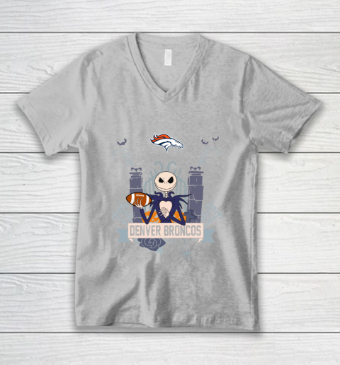 NFL Denver Broncos Football Jack Skellington Halloween V-Neck T-Shirt 3