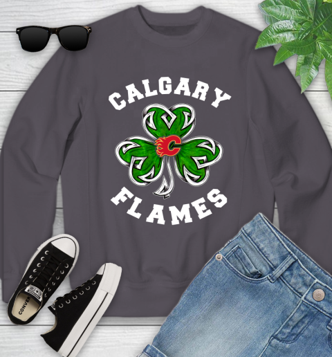 NHL Calgary Flames Three Leaf Clover St Patrick's Day Hockey Sports Youth Sweatshirt 5