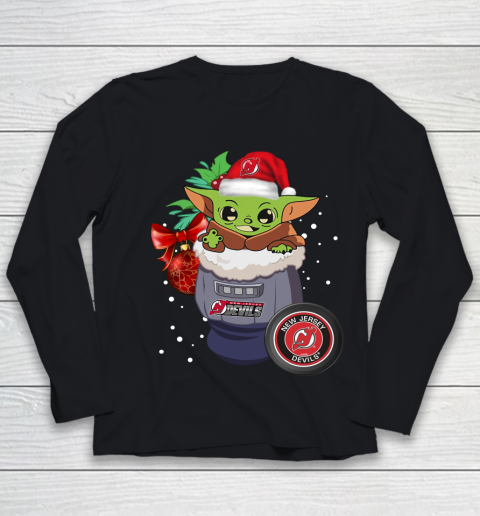 New Jersey Devils Christmas Baby Yoda Star Wars Funny Happy NHL Youth Long Sleeve