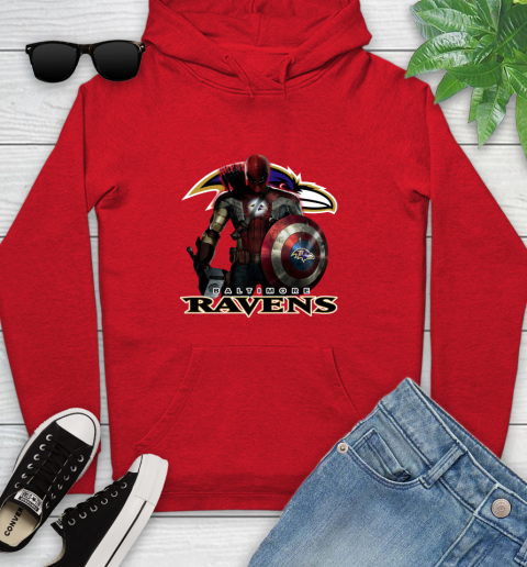 NFL Captain America Thor Spider Man Hawkeye Avengers Endgame Football Baltimore Ravens Youth Hoodie 11