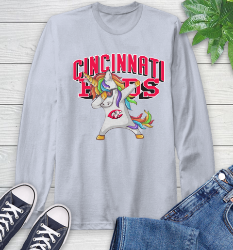 Cincinnati Reds MLB Baseball Funny Unicorn Dabbing Sports Long Sleeve T-Shirt 6