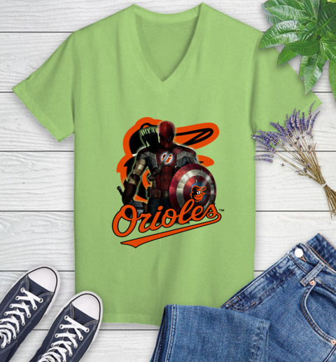 MLB Captain America Thor Spider Man Hawkeye Avengers Endgame Baseball Baltimore Orioles Women's V-Neck T-Shirt 11