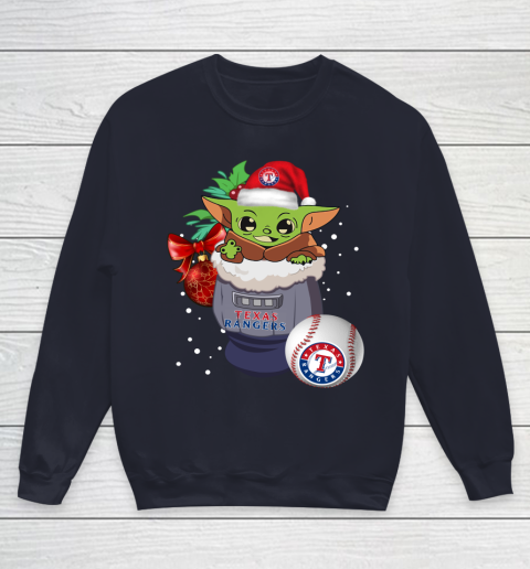 Texas Rangers Christmas Baby Yoda Star Wars Funny Happy MLB Youth Sweatshirt 3