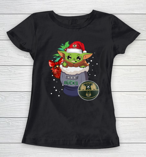 Milwaukee Bucks Christmas Baby Yoda Star Wars Funny Happy NBA Women's T-Shirt 2