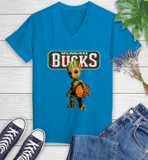 Milwaukee Bucks NBA Basketball Groot Marvel Guardians Of The Galaxy Women's V-Neck T-Shirt 7