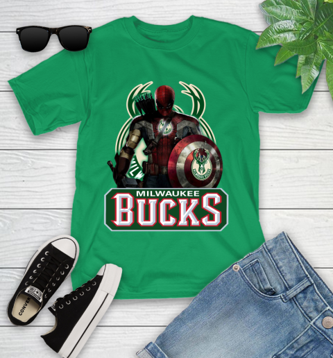 Milwaukee Bucks NBA Basketball Captain America Thor Spider Man Hawkeye Avengers Youth T-Shirt 6