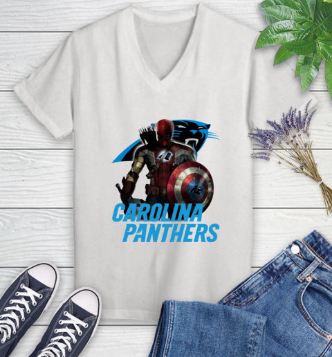 NFL Captain America Thor Spider Man Hawkeye Avengers Endgame Football Carolina Panthers Women's V-Neck T-Shirt