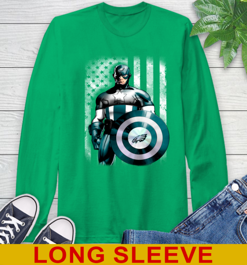 Philadelphia Eagles NFL Football Captain America Marvel Avengers American Flag Shirt Long Sleeve T-Shirt - Image 9