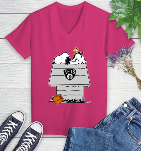 Brooklyn Nets NBA Basketball Snoopy Woodstock The Peanuts Movie Women's V-Neck T-Shirt 9